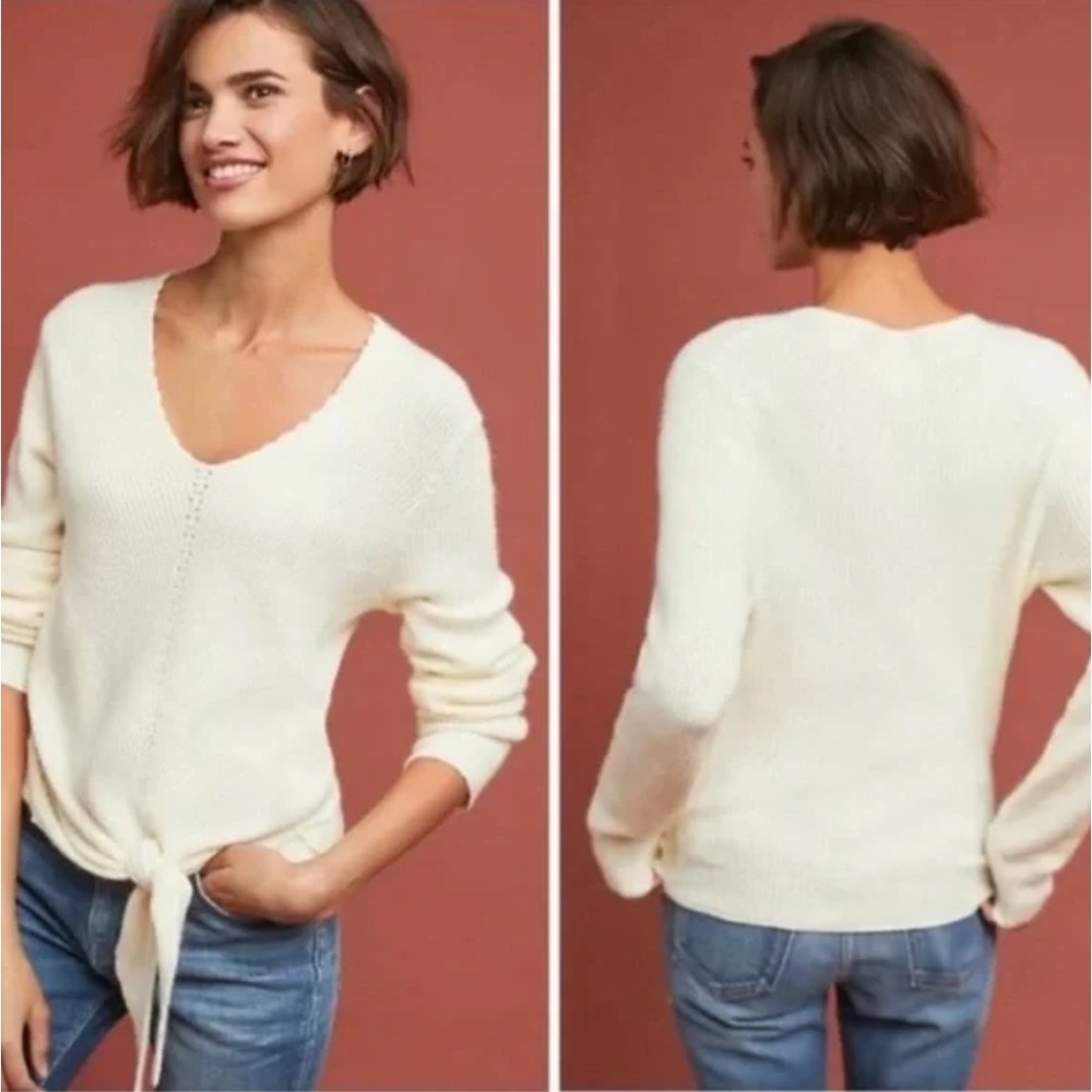 Anthropologie Freeport Sweater Ribbed Cream V-neck Front‎ Tie Stretch